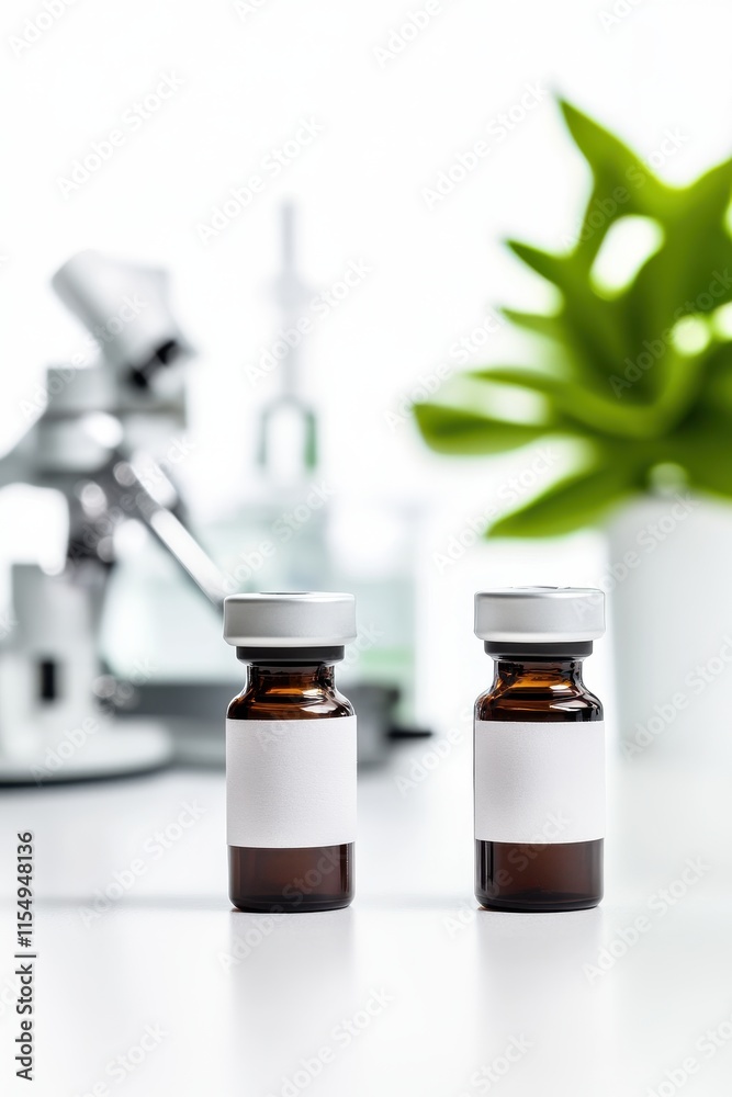 Brown Vials with Blank Labels in Laboratory Setting with Green Plant Brown Vials with Blank Labels in Laboratory Setting with Green Plant