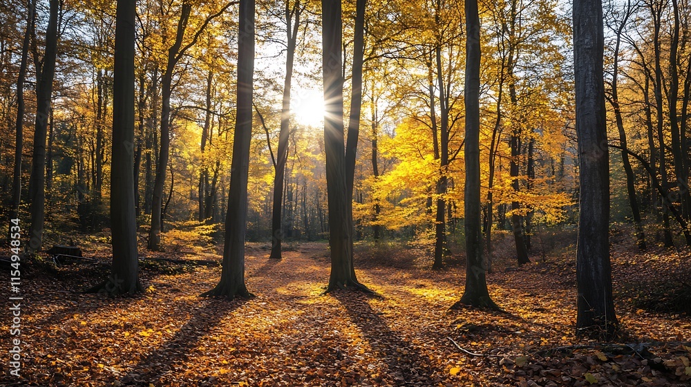 Fototapeta premium Golden Autumn Forest Sunlight. Tranquil Nature Scene.