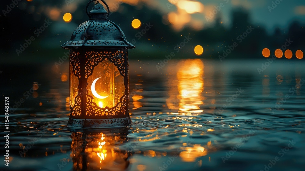 A lantern with a crescent moon design floats on water, creating a serene, reflective atmosphere.