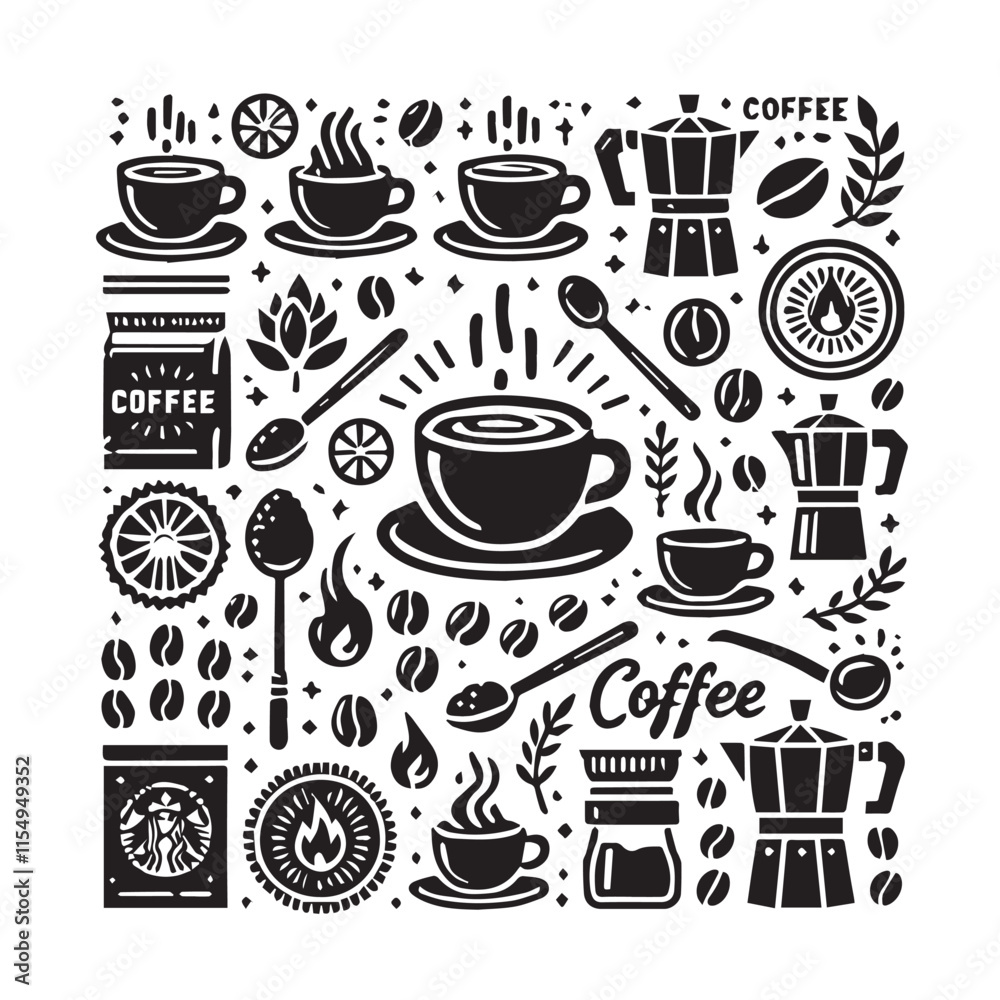 Coffee cups and beans icons silhouette vector illustration on white background Coffee cups and beans icons silhouette vector illustration on white background