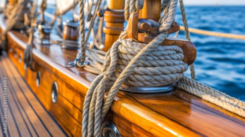 Obraz premium Detailed Close-Up of Nautical Rope Knot and Wooden Deck on a Sailing Ship Against a Blurred Ocean Background in Soft Evening Light