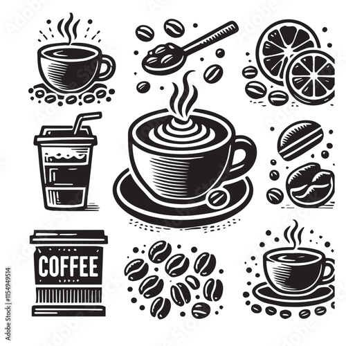 Coffee cups and beans icons silhouette vector illustration on white background