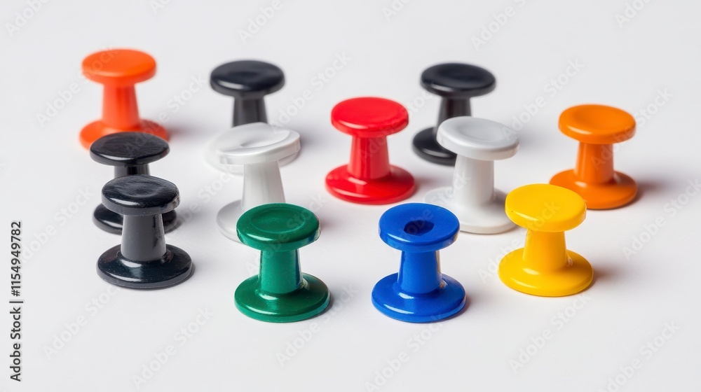 Colorful pushpins arranged in a circle on white background. Colorful pushpins arranged in a circle on white background.