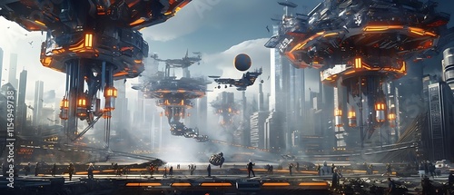 Futuristic city with flying vehicles and skyscrapers.