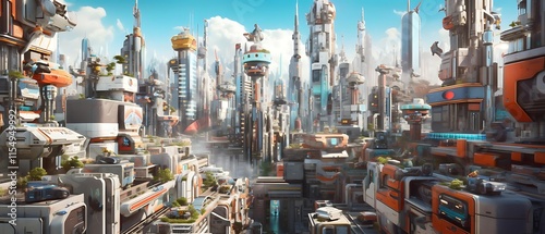 Futuristic cityscape with towering skyscrapers, advanced technology, and vibrant architecture.