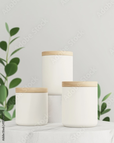 Trio of Stylish White Storage Jars with Wooden Lids on Display