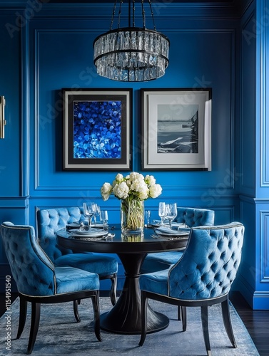 Elegant Blue Dining Room Interior Design with Crystal Chandelier photo