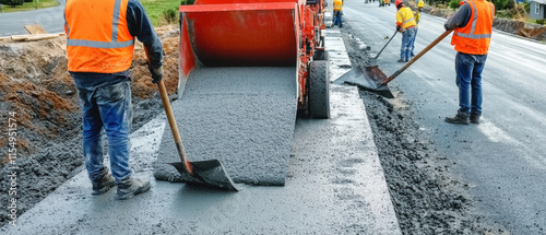 Panel kuchenny z motywem Concrete construction. Construction workers pouring concrete on a road.