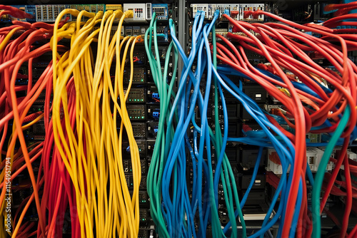 bunch of colorful wires are hanging from the ceiling. The wires are of different colors and are tangled together. Concept of chaos and disorganization