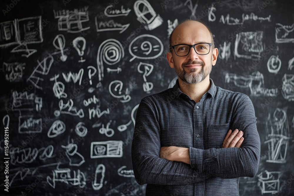 man stands in front of a chalkboard with a lot of equations and symbols. He looks confused and unsure of what to do man stands in front of a chalkboard with a lot of equations and symbols. He looks confused and unsure of what to do