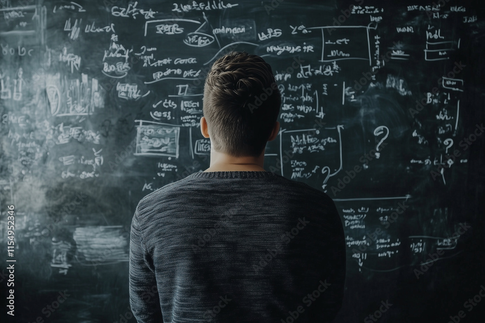 man is looking at a blackboard with a lot of equations on it. The man is confused or puzzled by the equations man is looking at a blackboard with a lot of equations on it. The man is confused or puzzled by the equations