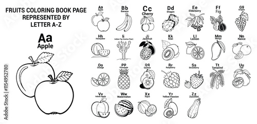 Fruits coloring book page represented by letter A-Z.