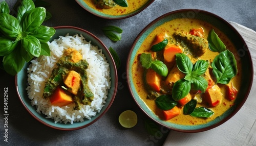 Upscale Thai Green Curry Dinner Combo with Fresh Basil and Fragrant Jasmine Rice