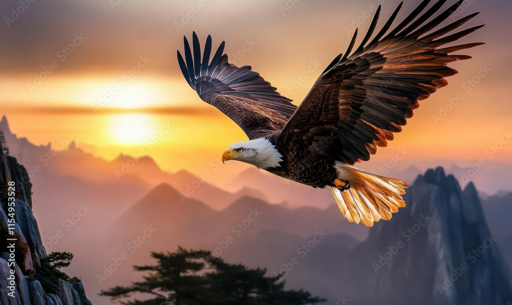 Obraz premium A white headed eagle flying in the clouds at the top of a high mountain