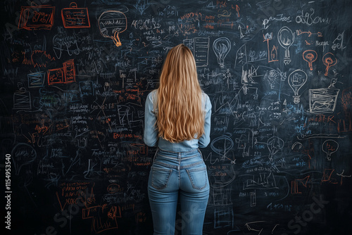 woman stands in front of a chalkboard with a lot of equations and diagrams. She looks confused and overwhelmed by the amount of information on the board