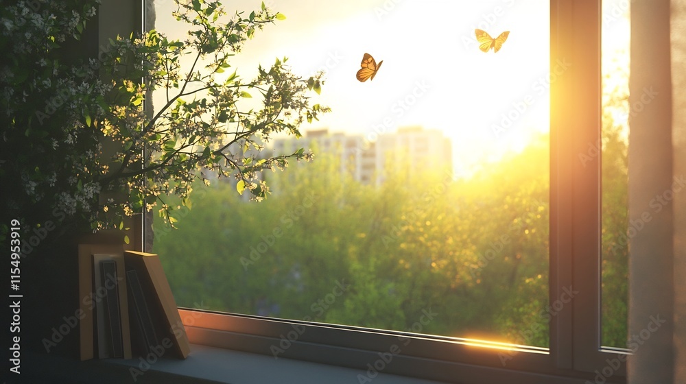 Fototapeta premium Serene Nature Landscape with Butterflies Passing by Sunlit Window
