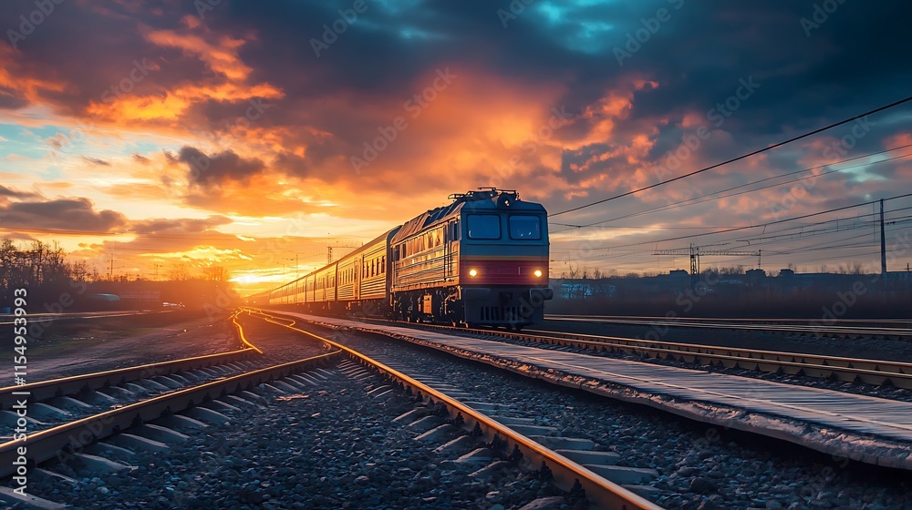 Obraz premium Train at Sunset. Scenic Railroad Journey. Travel Concept.
