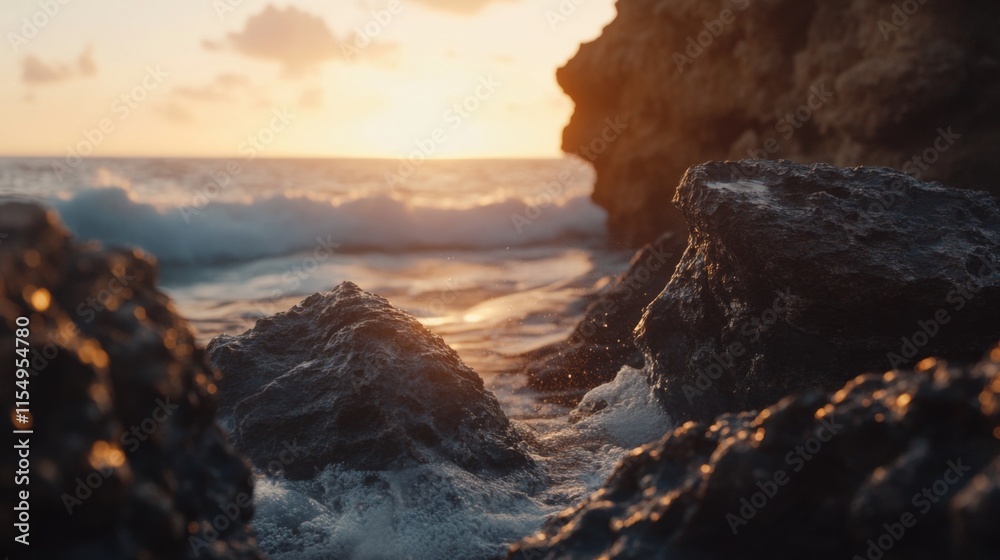 Obraz premium Serene Coastal Sunset with Waves Crashing Against Rocky Shoreline, Capturing Nature's Beauty in a Tranquil Ocean Landscape