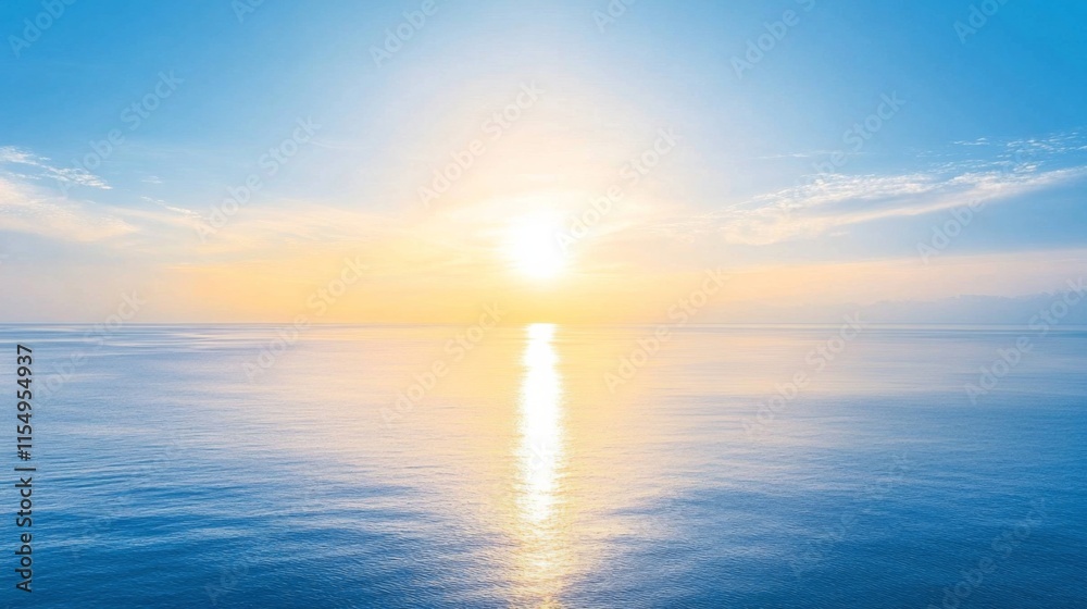 Obraz premium Serene Ocean Sunrise with Soft Blue Sky and Gentle Waves Reflecting the Warm Glow of Sunlight Over Calm Waters, Evoking a Sense of Tranquility and Peace