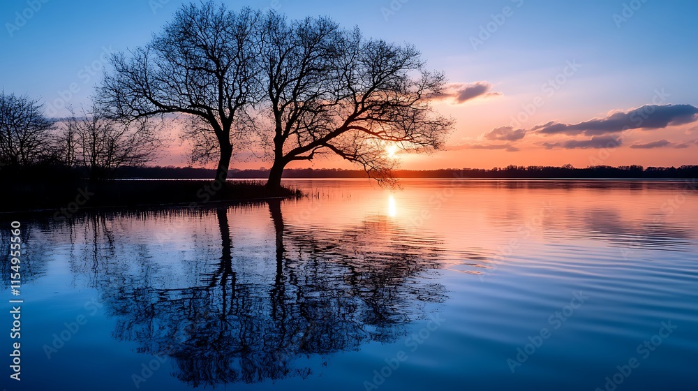Peaceful Sunset over Calm Lake with Silhouetted Trees. Concept of Tranquility and Serenity. Peaceful Sunset over Calm Lake with Silhouetted Trees. Concept of Tranquility and Serenity.