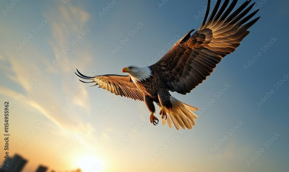 Obraz premium A white headed eagle flying in the clouds at the top of a high mountain