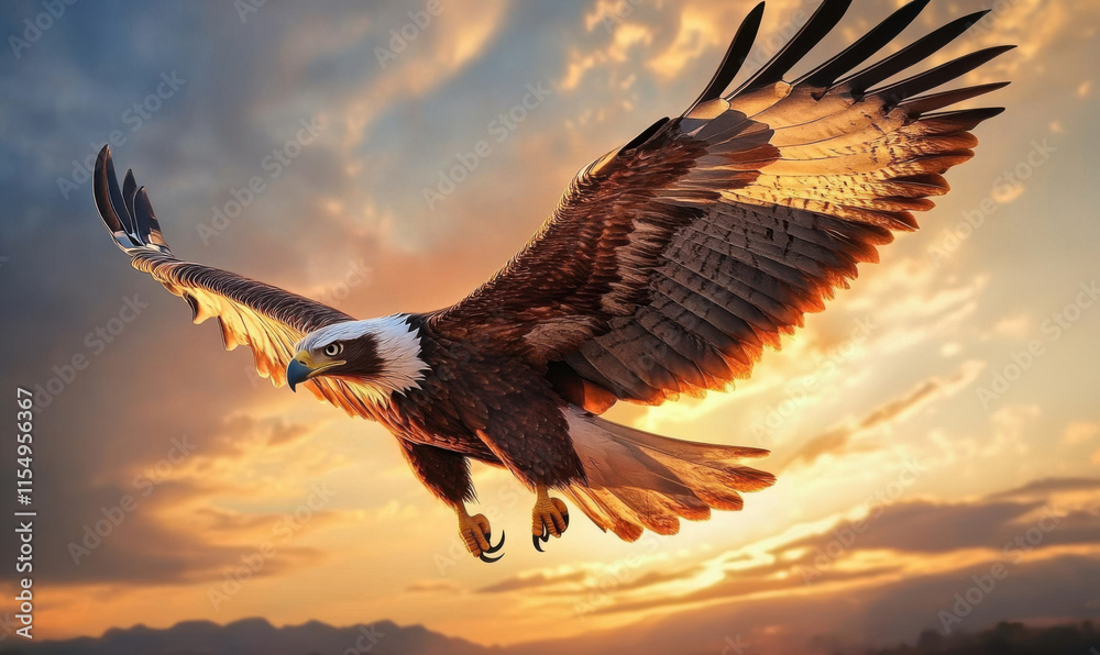 Naklejka premium A white headed eagle flying in the clouds at the top of a high mountain
