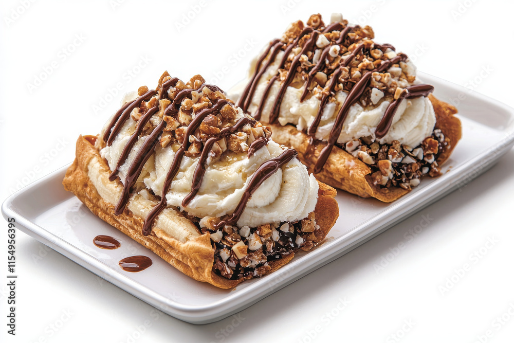 Two delicious banana splits with ice cream and chocolate drizzle isolated design on white background Two delicious banana splits with ice cream and chocolate drizzle isolated design on white background