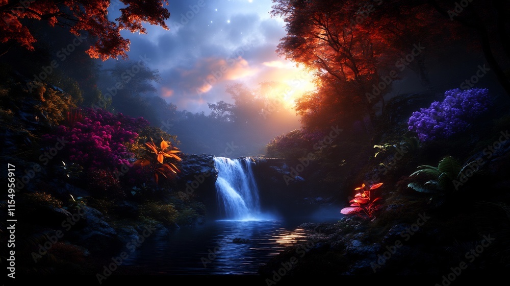 Fototapeta premium Enchanted Waterfall in a Mystical Forest at Sunset