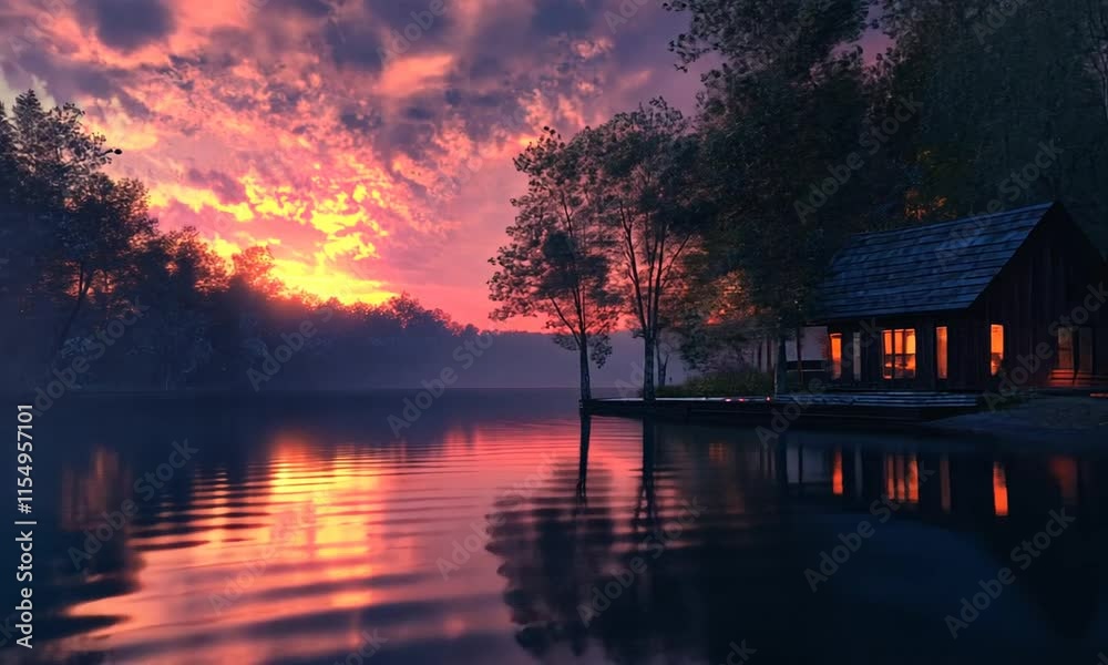 A serene lakeside scene at sunset with a cozy cabin reflecting on the water.