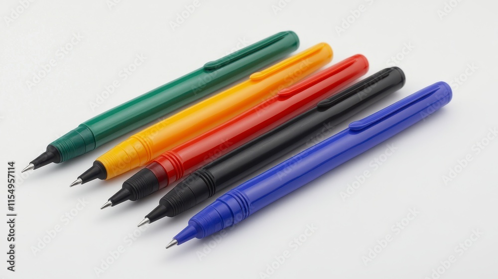 Five colorful pens arranged on white background. Five colorful pens arranged on white background.