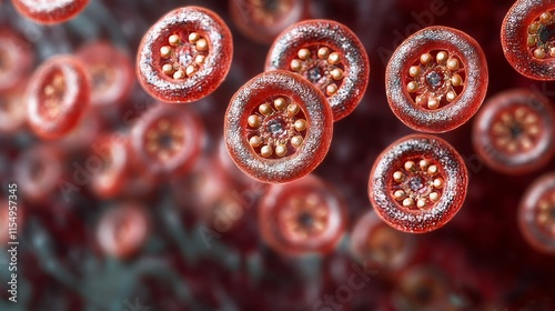 Plasmodium vivax trophozoites alongside white blood cells, showcasing the relationship between Plasmodium vivax and immune response in a biological context involving these key components. photo