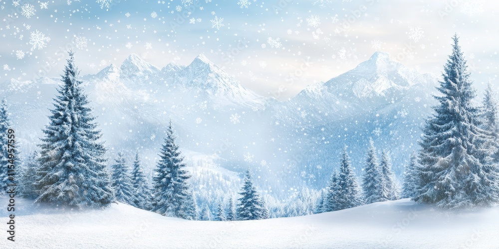 custom made wallpaper toronto digitalA winter themed background banner featuring snowy fir trees nestled in alpine mountains, showcasing a festive Christmas scene adorned with snowflakes and ample space for message.