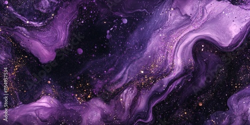 Liquid paint and sparkling glitter blend to create a fluid background, featuring cosmic purple artistic elements that enhance the visual experience.