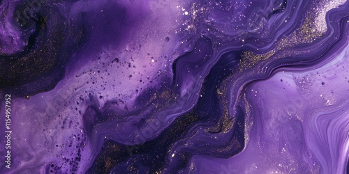 Liquid paint and sparkling glitter blend to create a fluid background, featuring cosmic purple artistic elements that enhance the visual experience.