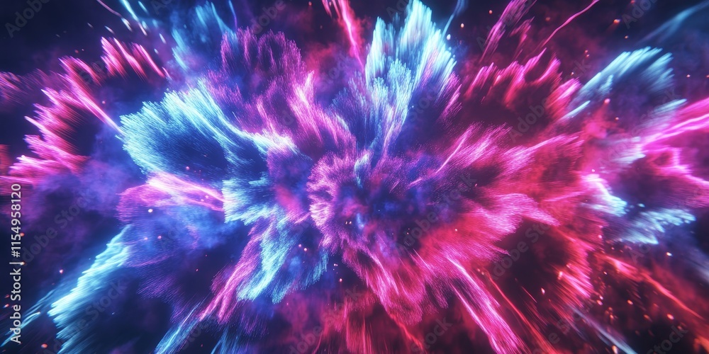 A vibrant fireworks backdrop featuring neon illumination and abstract virtual laser waves in shades of blue, purple, and pink creates a stunning visual display. A vibrant fireworks backdrop featuring neon illumination and abstract virtual laser waves in shades of blue, purple, and pink creates a stunning visual display.