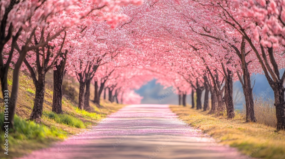 Pink cherry blossom trees line a scenic path Pink cherry blossom trees line a scenic path