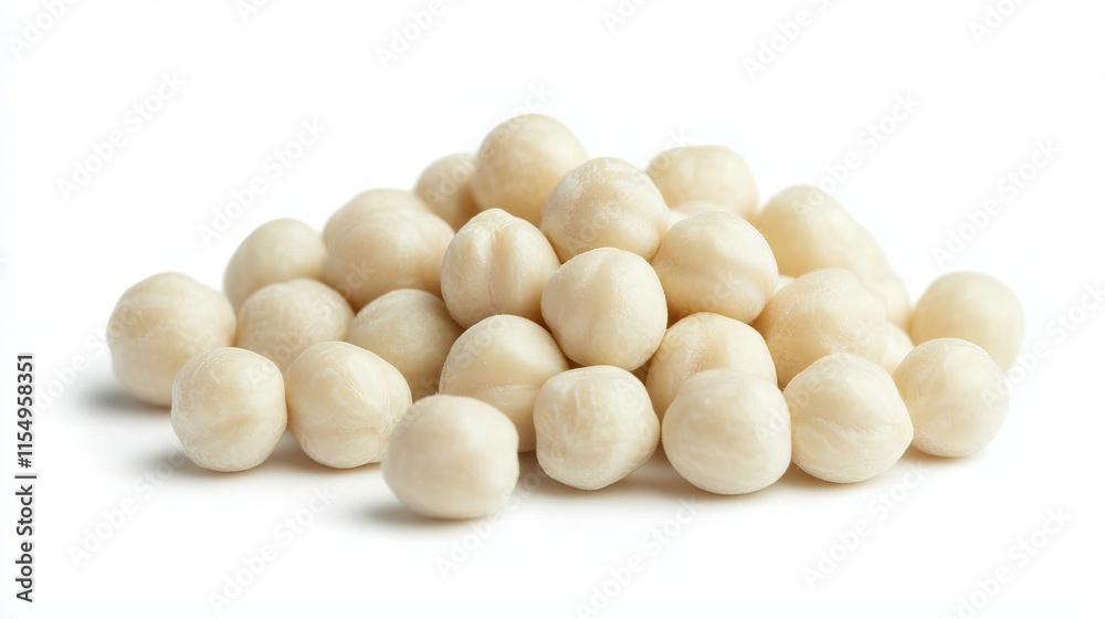 Chickpeas (Cicer arietinum): A close-up view of a small pile of raw chickpeas, showcasing their smooth, round texture and pale beige color, placed against an isolated white background. Chickpeas (Cicer arietinum): A close-up view of a small pile of raw chickpeas, showcasing their smooth, round texture and pale beige color, placed against an isolated white background.