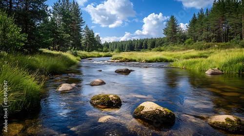 Serene Forest River. Tranquil Nature Landscape. photo