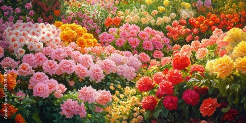 Wallpaper Mural Vibrant garden featuring pink, red, and yellow flowers, creating a picturesque scene with blooms that enhance the streets and showcase the beauty of these colorful flowers in harmony. Torontodigital.ca