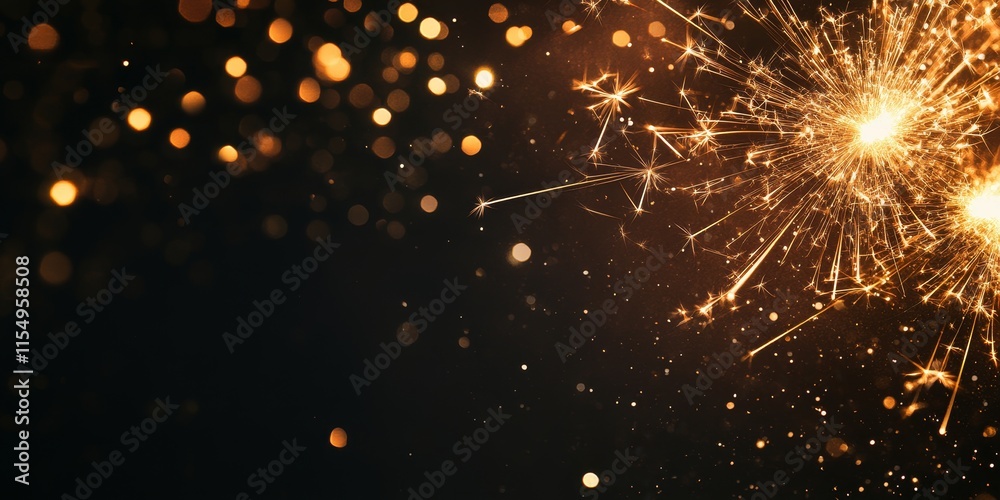 Obraz premium A top down view presents a festive background featuring a border of shimmering gold sparklers against a black background, offering plenty of space for text.