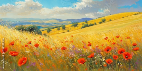 Vibrant poppies bloom in a colorful field, creating a stunning summer meadow that contrasts beautifully with the yellow grass, making it an idyllic scene of nature s splendor with poppies. photo