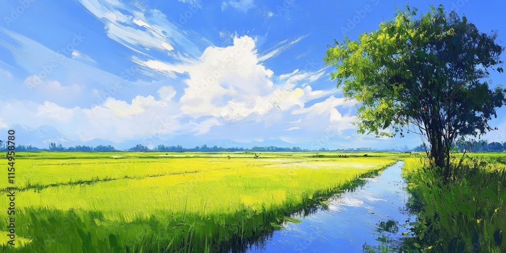 Fototapeta premium Vibrant green plants in paddy fields contrast beautifully with the blue open sky, creating a stunning scenery that reflects the essence of summer. This landscape showcases nature s coolness and charm.