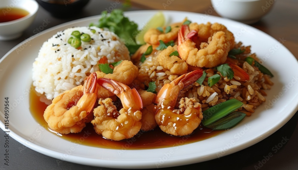 Shrimp Dish with Honey Sauce and Walnuts Served with Rice and Fresh Herbs on a Plate Shrimp Dish with Honey Sauce and Walnuts Served with Rice and Fresh Herbs on a Plate