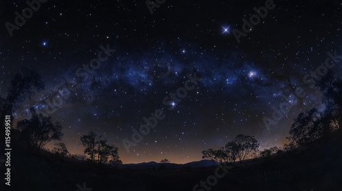 Panorama of the night sky in the southern hemisphere featuring the Southern Cross, Centaurus pointer stars, and the captivating Eta Carinae nebula in stunning detail.