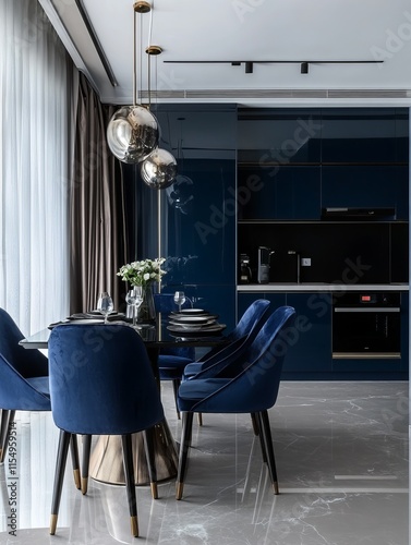 Modern Dining Room Interior Design with Blue Accents