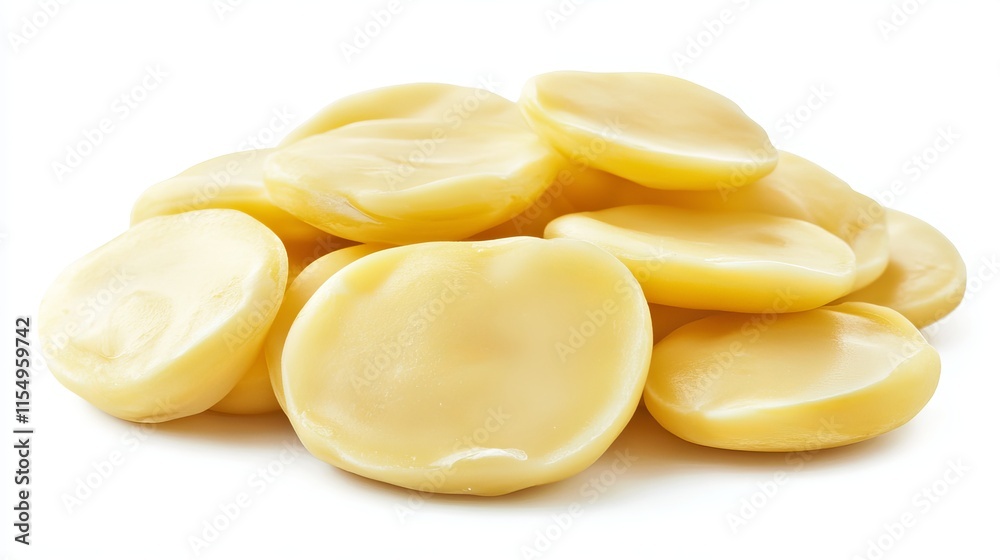 Butter Beans (Phaseolus lunatus): A small heap of large, flat butter beans, creamy and smooth, isolated on a clean white background. Butter Beans (Phaseolus lunatus): A small heap of large, flat butter beans, creamy and smooth, isolated on a clean white background.