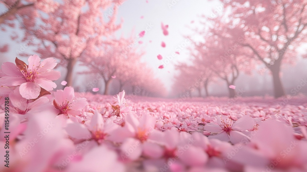 Fototapeta premium Pink Cherry Blossoms Falling Softly In A Dreamlike Orchard