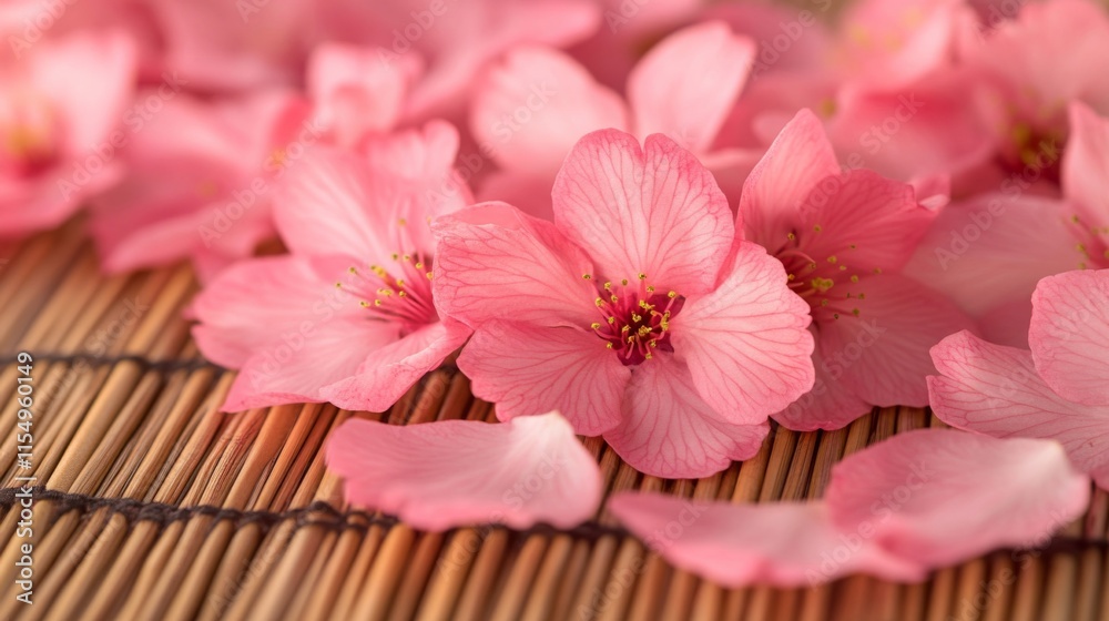 Delicate Pink Cherry Blossoms Resting on Bamboo Mat Delicate Pink Cherry Blossoms Resting on Bamboo Mat
