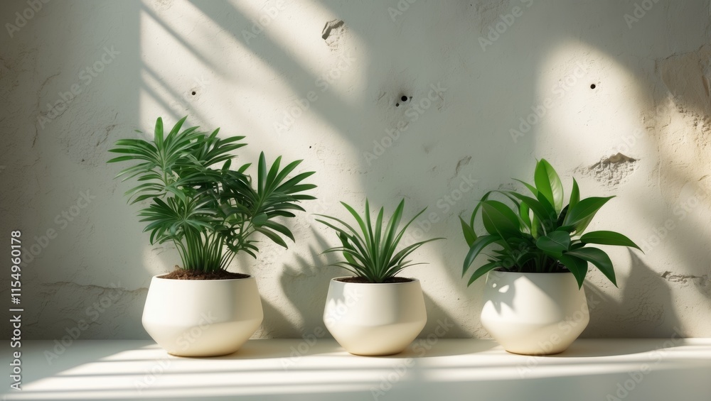 custom made wallpaper toronto digitalThree indoor plants in modern pots casting shadows on a textured wall