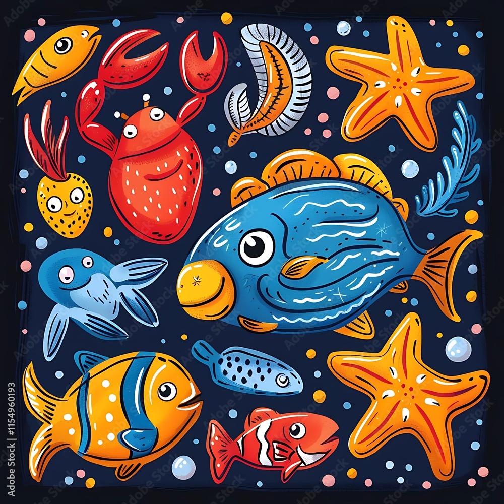 Obraz premium Colorful cartoon sea creatures illustration.
